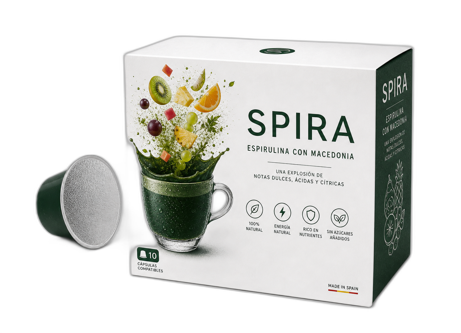 Caja de SPIRA ONE — Espirulina con Macedonia, 10 cápsulas compatibles